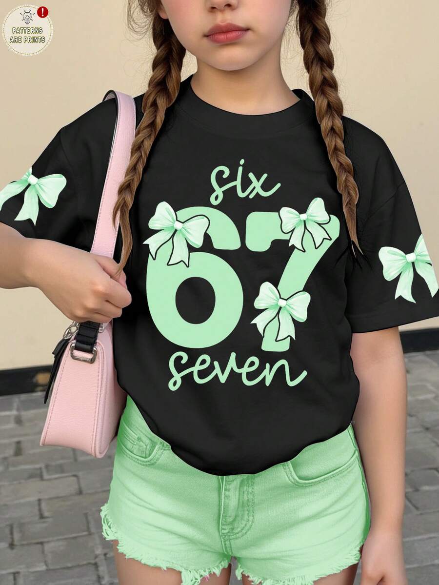 Camiseta de manga corta con cuello redondo casual negra con gráfico de lazo, camiseta gráfica para niñas jóvenes, adecuada para verano, camisa de niña de seis a siete años, camisas de niña casual con estampado, camiseta de cuello redondo de manga corta para niñas de 6 años - Multicolor - Ver 1