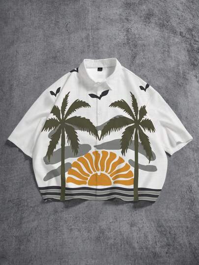 Manfinity ZONE917 Box-Shaped Short Linen-Like Beach Coconut Tree & Seagull Print Short Sleeve Shirt, Suitable For Summer