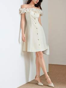 Heiryn 女士露肩单排扣优雅收腰派对迷你连衣裙 - 白色 - 查看 8