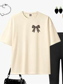 SHEIN 女士休闲时尚创意豹纹蝴蝶结装饰图案印花宽松圆领基础短袖T恤和打底裤套装，四季皆宜，百搭舒适 - 彩色 - 查看 5