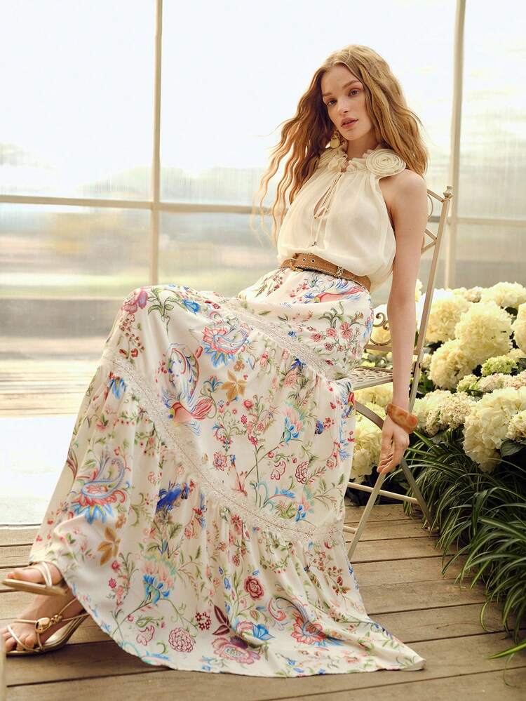 女性用ロマンチックな花柄ラッフルヘムスカート、春夏