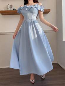 Feyla New Arrival Spaghetti Strap Off-Shoulder Pleated Romantic Ruffle Waist Elegant A-Line Cocktail Party Dress - Blue - View 4