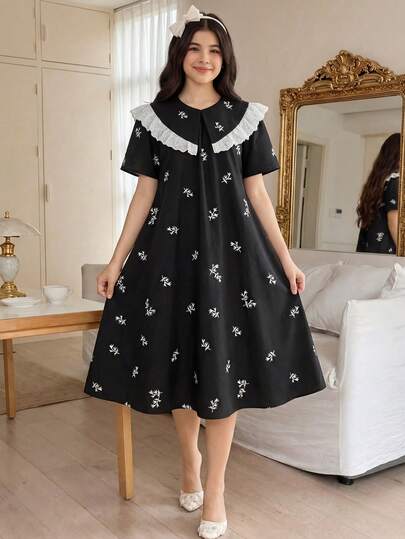 Loose Elegant Ditsy Floral Contrast Lace Trim Teen Girl Dress