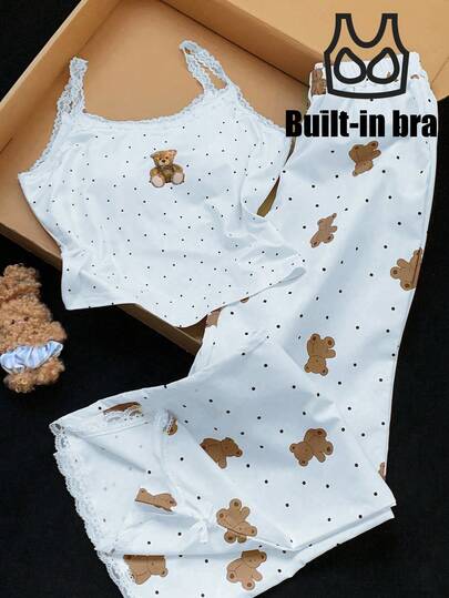 Comfortcana 2pcs Women's Blue Bear Print Camisole And Pants Pajama Set, Spring/Summer