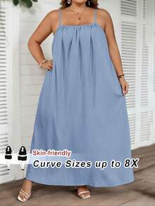 SHEIN CURVE+ 大码曲线/秋季服装/女士秋季服装/女士冬季服装/冬季服装大码纯色褶皱细节休闲吊带连衣裙，适合生日派对、毕业典礼、学生装、日常休闲、度假等场合。 - 藍色 - 查看 3