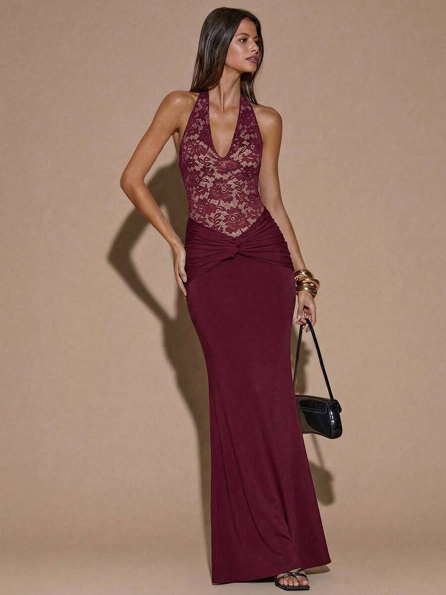 SHEIN BAE Đầm đen không tay ren cổ chữ V sâu, hở lưng gợi cảm, kiểu đuôi cá thanh lịch dành cho nữ, thích hợp cho đám cưới, phù dâu, khách dự đám cưới, tiệc cocktail, hẹn hò lãng mạn, họp mặt, sự kiện trang trọng. - Màu Đỏ Sâu - Xem 1