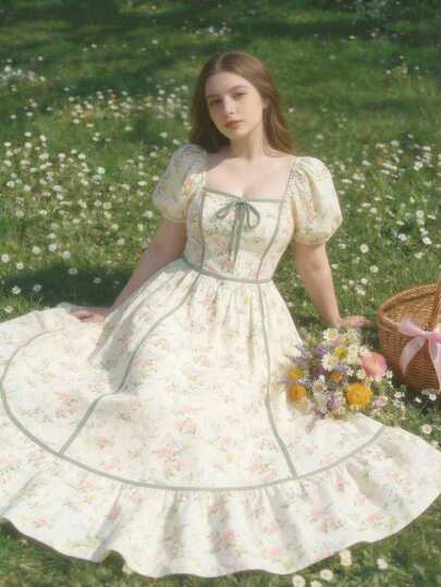 SHEIN MOD 加大码碎花拼色下摆中长休闲连衣裙，适合度假