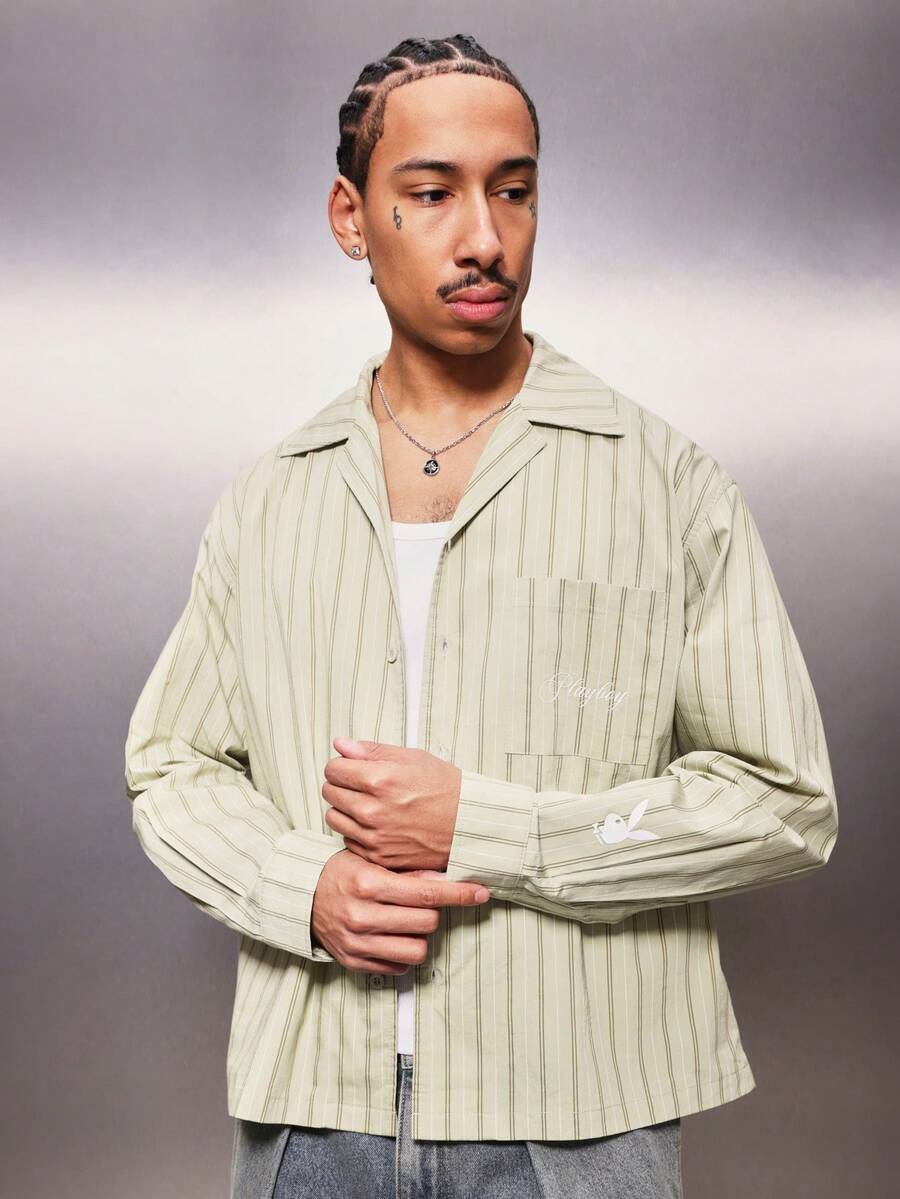 PLAYBOY X SUMWON Áo sơ mi nam dáng regular fit, tay dài, kẻ sọc dọc, cổ bẻ, cài cúc phía trước, có túi ngực, chất liệu cotton pha nhẹ, thích hợp mặc đi làm công sở. - màu xanh lá - Xem 1