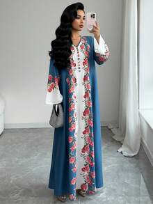 Al Najma 女士优雅V领印花阿拉伯风格连衣裙 - 霧霾藍 - 查看 4