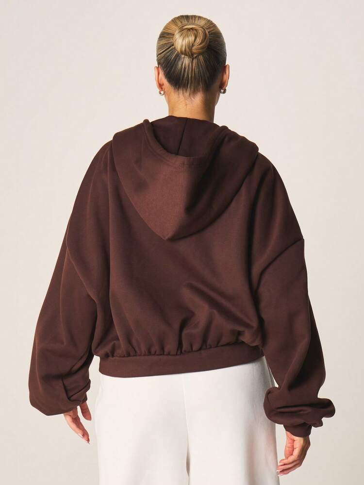 MISSGUIDED Women Oversized Full Zip Hoodie Brown Casual Sweatshirt Jacket For Fall Winter Layering