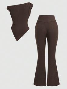 SHEIN 少女棕色提花斜肩T恤和喇叭裤休闲套装 - 棕色 - 查看 2