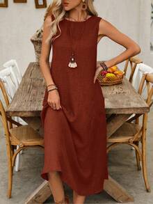 Breezaya Abito lungo da donna casual senza maniche con due tasche, ideale per vacanze e spiaggia - Arancia Bruciata - Visualizzare 4