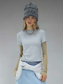 COUREZ 双层长袖针织衫/Y2K长袖上衣 外出上衣 女式上衣 冬季女装 灰色上衣 性感可爱女式上衣 - 彩色 - 查看 4