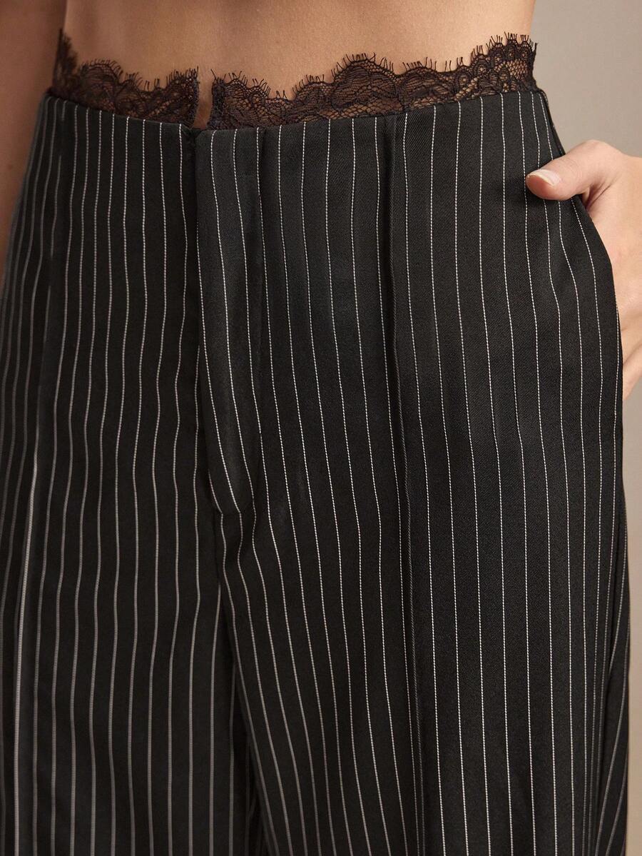 BizChic New Spring/Summer Black Striped Waistband Lace Trim Patchwork Slit Side Pocket Women's Pants - Black - View 1