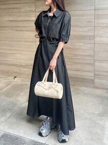 FRIFUL Women's Pleated Dress And Zipper Front Mid-Sleeve Jacket Fashion Casual Denim Outfit - Blue - View 5