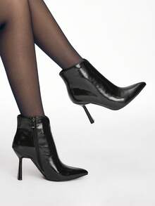 Mnmlis 女士尖头侧拉链设计时尚日常高跟踝靴情人节特惠 - 黑色 - 查看 6