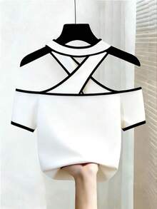 GlowEve Women's Contrast Trim Off Shoulder Fashion T-Shirt, Summer - Black and White - View 2