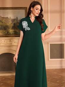 Al Najma Embroidered Collar Floral Raglan Sleeve Stand Collar Elegant Dress - Dark Green - View 6