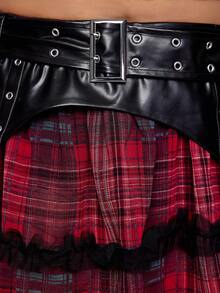ROMWE Grunge Punk 大码 Y2K 朋克格子 PU 拼接迷你喇叭裙 - 酒紅色 - 查看 3