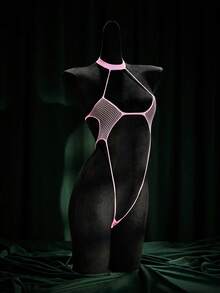 SpicyHot Y2K Neon Green Sheer High Stretch Mesh Sexy Jumpsuit For Women - Pink - View 3