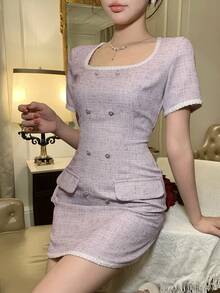 DAZY Women's Elegant Contrast Trim Button Decor Short Sleeve Dress Sundress - Pink - View 3