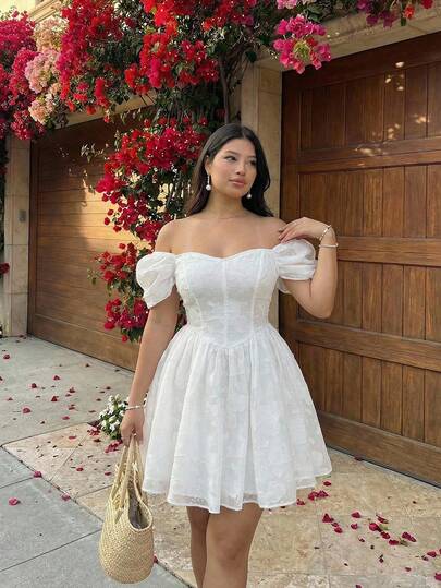 SHEIN MOD Vestido midi blanco de hombros descubiertos romántico talla grande para mujeres, vestido de fiesta de té estilo Bridgerton, vestidos blancos para mujeres, vestidos cortos para mujeres, vestido de invitada a boda, vestido de graduación