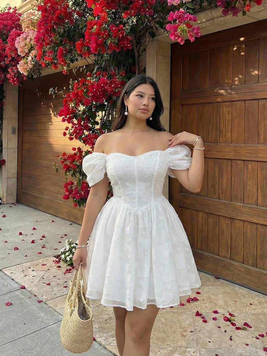 SHEIN MOD 大码女式浪漫露肩白色中长连衣裙、布里奇顿茶会连衣裙、女式白色连衣裙、女式迷你连衣裙、女式婚礼宾客连衣裙、毕业礼服