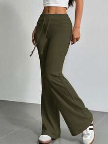 SHEIN EZwear Quần ống loe nữ màu trơn dáng rộng có dây rút ở eo - xanh quân đội - Xem 3