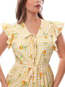 Solavibe 大码女式休闲度假短袖系带A字印花连衣裙，春夏款 - 黃色 - 查看 1