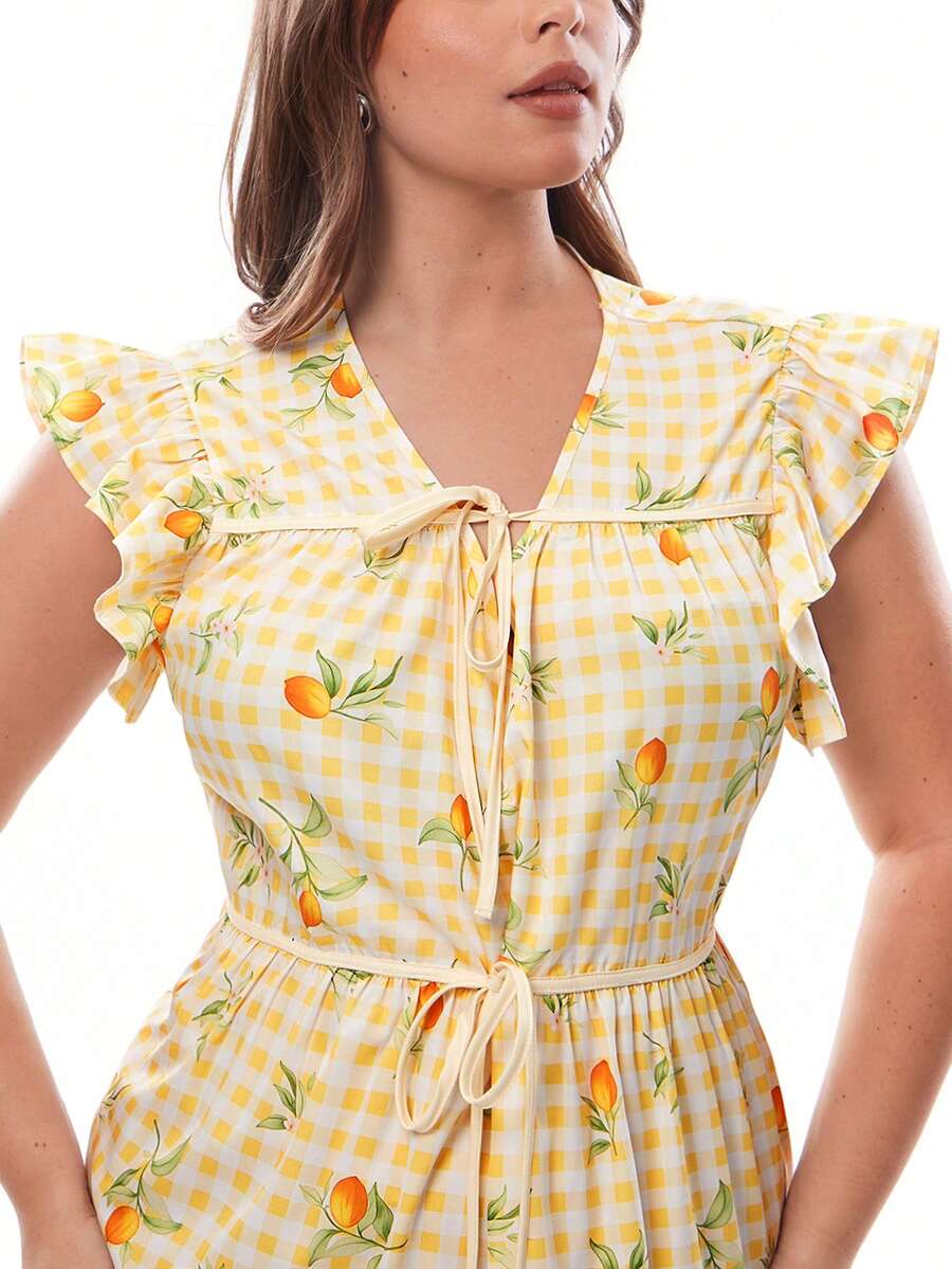 Solavibe 大码女式休闲度假短袖系带A字印花连衣裙，春夏款 - 黃色 - 查看 1