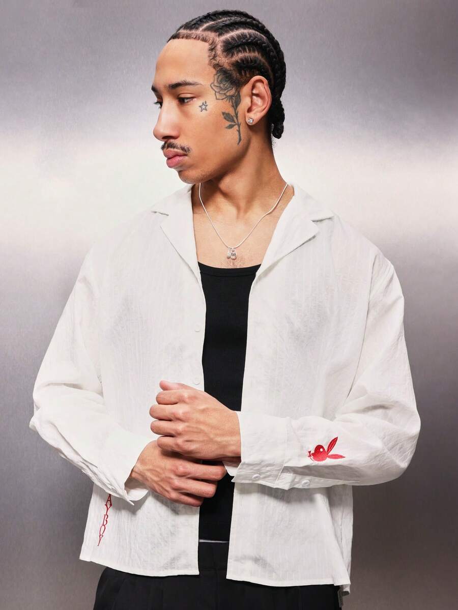 PLAYBOY X SUMWON 宽松版型翻领纽扣衬衫，饰有红色樱桃印花细节，长袖休闲夏季春季度假装 - 白色 - 查看 1