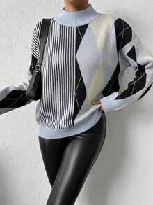 女士撞色高领长袖针织毛衣 - 淺藍色 - 查看 6