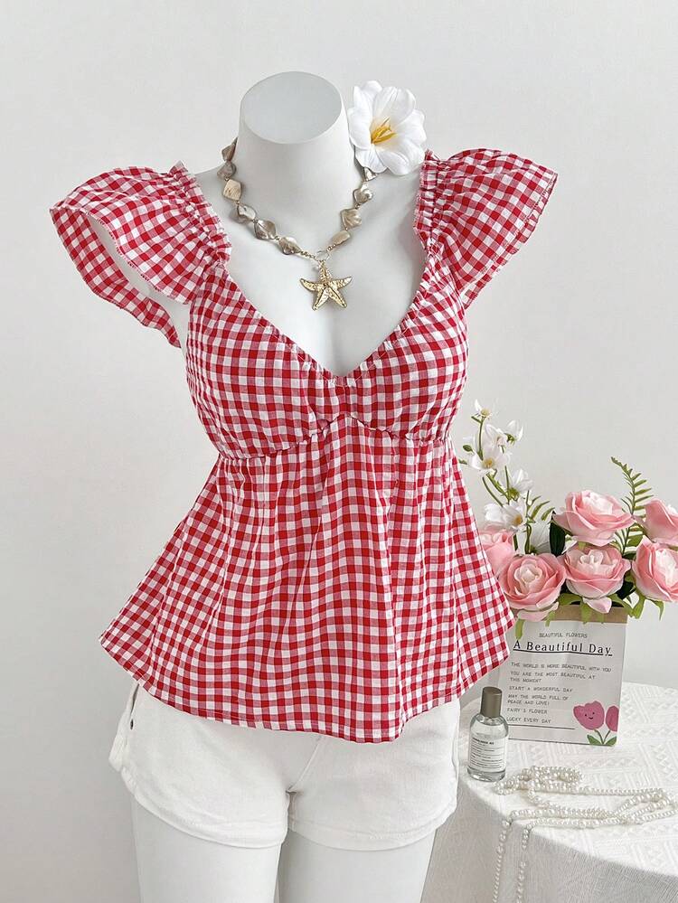 Elamini Áo kiểu nữ tay ngắn cổ chữ V, xếp ly eo, họa tiết kẻ caro xanh trắng, kiểu dáng thường ngày, áo sơ mi kẻ caro mùa hè, áo kiểu dễ thương cho nữ, áo kẻ caro đỏ, áo kiểu tay phồng cho nữ - Đỏ và trắng - Xem 5