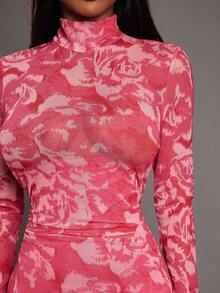 NYA SZN 长袖高领修身连衣裙，粉色花卉图案，玫瑰花图案，适合春假、旅行、约会、活动、特殊场合、派对等场合，迷你裙长，女士服装 - 紅色 - 查看 3