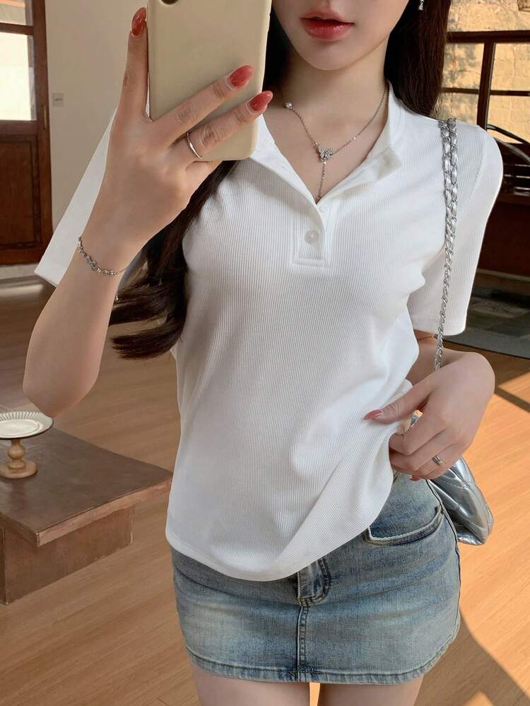 Solid Color Casual Half-Placket Fitted Short Sleeve Commuter Short Sleeve T-Shirt, Spring/Summer