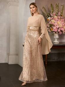 MOTF Soiréza WOMEN'S ELEGANT ROUND NECK LONG-SLEEVED CAPE-STYLE MAXI PARTY GOWN – WITH SPARKLY SEQUIN BEADED FAUX PEARL-EMBELLISHED, BATWING SLEEVE CENTRAL BACK ZIPPER, IDEAL FOR PARTIES, GALAS, FORMAL EVENINGS, HOLIDAY CELEBRATIONS & SPECIAL EVENTS - Khaki - View 1