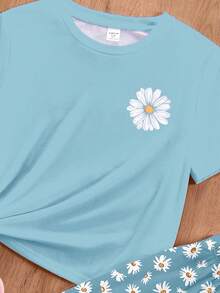 Boho Style Daisy Floral Print, Tween Girls Casual Minimalist Round Neck Short Sleeve T-Shirt And Loose Pants Pajama Set, Suitable For Summer - Multicolor - View 4