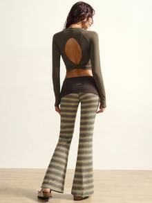 VARSIVA Women's Dark Green Color-Blocked Flared Pants With A Folded Waistband And Color-Blocked Stripes Are A Versatile And Casual Style, Perfect For Yoga And Pilates. - Multicolor - View 7