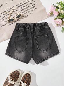 SHEIN Celana Pendek Denim Anak Perempuan, Warna Gelap, Musim Panas, Pakaian Jalanan, Gaya Kota Y2K, Potongan Lurus Longgar, Desain Dekorasi Rhinestone yang Dipersonalisasi, Mode Kasual - Hitam - View 2