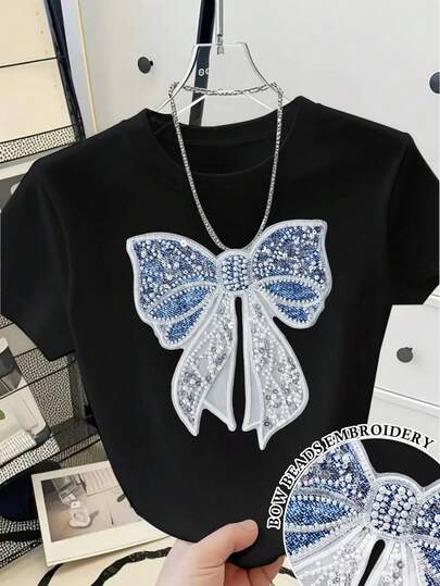 Resyla 女士加大码圆领蝴蝶结刺绣图案休闲日常短袖T恤