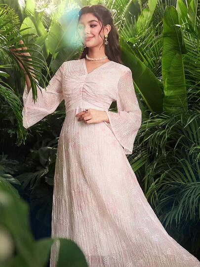 Modelyn Elegant Pink Crinkle Floral Embroidered Flare Sleeve Dress, Summer