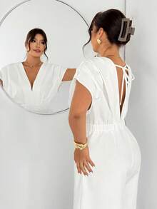 Firerie 女士夏季纯色深V领蝙蝠袖阔腿连体裤/白色亚麻服装/七月四日服装/海滩度假服装/商务休闲女装/办公室/夏季服装/毕业服装/下午茶聚会/优雅露背吊带/优雅露背吊带连体裤 - 白色 - 查看 2