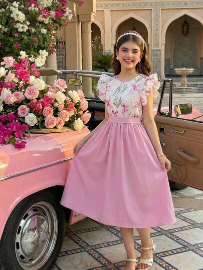Elegant Short Floral Print Dress For Teen Girl, Ruffle Sleeve, Sheer Lace Trim V-Neck, Belted Waist With Bow, Flared Skirt