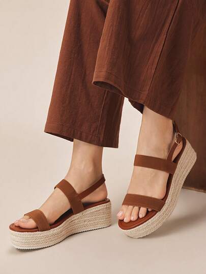 Styleloop Women's Platform Wedge Sandals, Fashionable Solid Color Woven Casual Thick Bottom Wedge Sandals, Bohemian Holiday Retro Canvas Ankle Strap Wedge Sandals, Western Style, Music Festival Party Outfit, Spring Summer Shoes Spring Break Easter