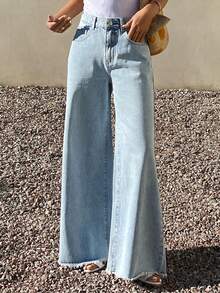 DAZY 女士常规款中腰毛边宽松直筒休闲牛仔裤 - 淺色水洗藍 - 查看 6