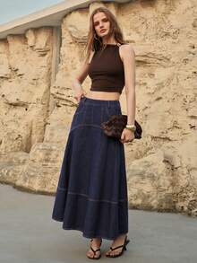 MOTF PREMIUM WOMEN'S FASHION SLANT POCKET DENIM SKIRT - Navy Blue - View 1