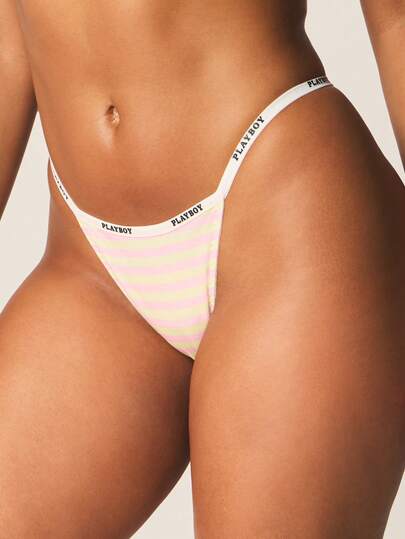 Missguided x Playboy Striped Thong Underwear With Elastic Waistband Logo Print Comfortable Everyday Intimate Lingerie Bottom