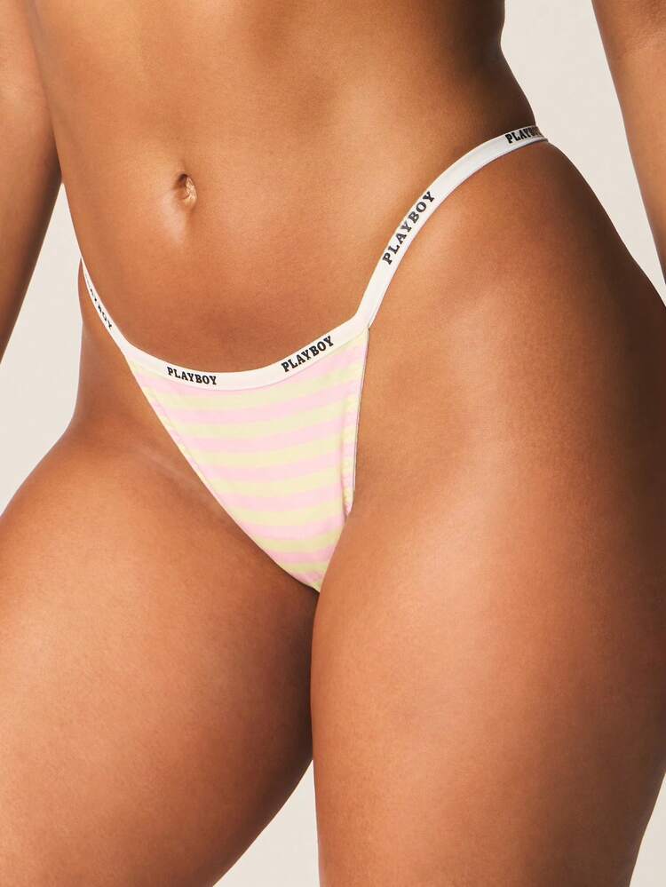 Missguided x Playboy Striped Thong Underwear With Elastic Waistband Logo Print Comfortable Everyday Intimate Lingerie Bottom
