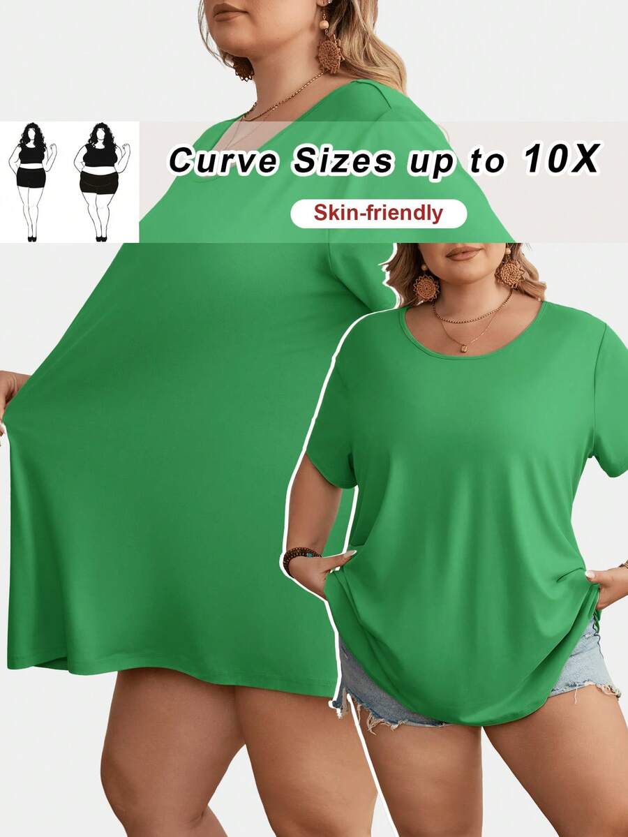 SHEIN CURVE+ Plus Size Casual Solid Color Round Neck Short Sleeve T-Shirt - Green - View 1