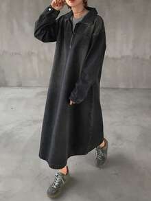 FRIFUL Women's Casual Long Denim Dress, Spring/Autumn - Grey - View 3